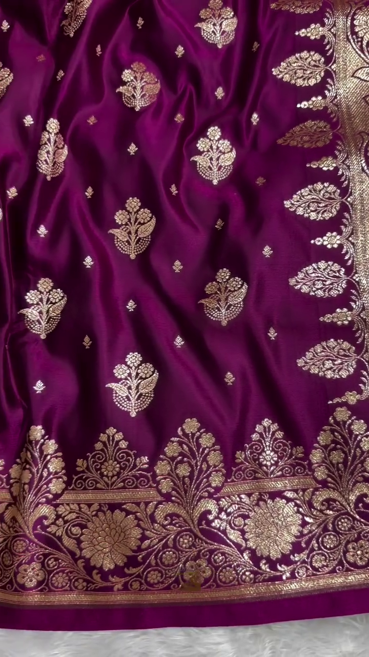 Royal Wine Purple Banarasi Silk Saree with Gold Zari Floral Buti & Heavy Designer Border