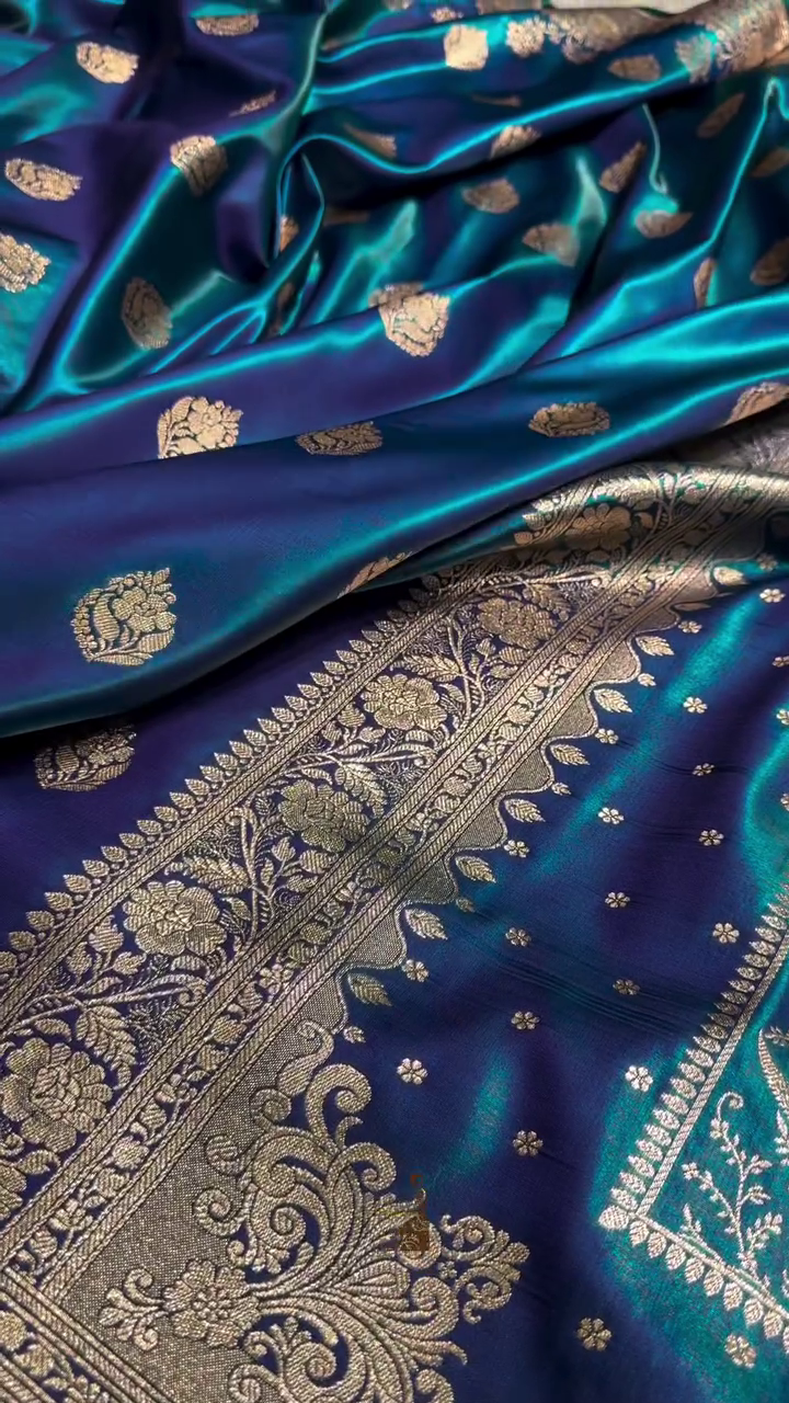 Blue Satin Silk Saree with Rich Golden Zari Border and Floral Motifs