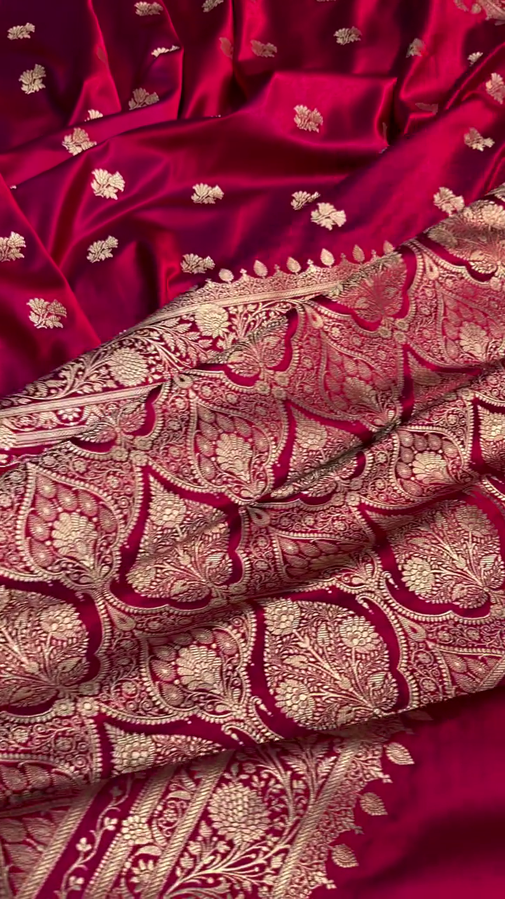 Deep Maroon Satin Silk Saree with Rich Golden Zari Border and Floral Butta Design
