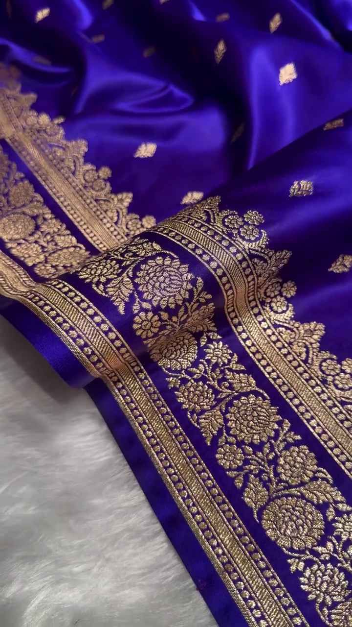 Royal Blue Satin Silk Saree with Intricate Golden Zari Border and Butta Design