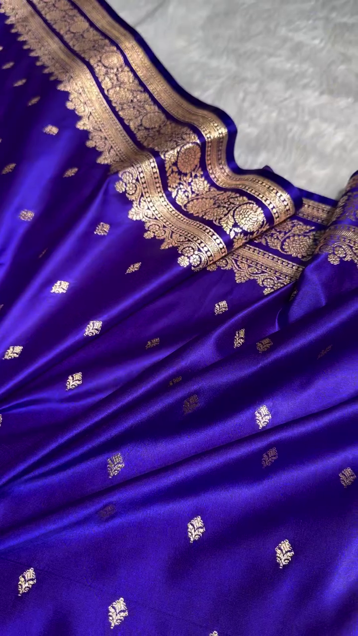 Royal Blue Satin Silk Saree with Intricate Golden Zari Border and Butta Design