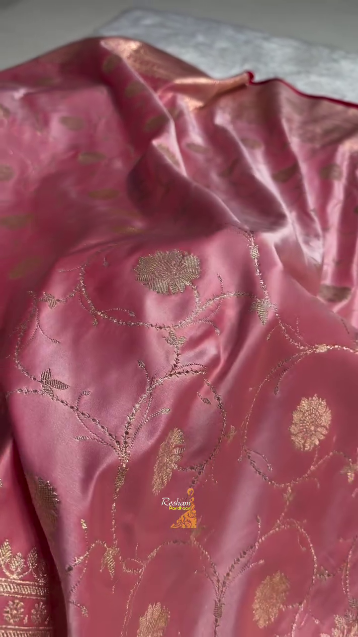 Rose Pink Banarasi Silk Saree with Gold Zari Floral Jaal & Heavy Traditional Border
