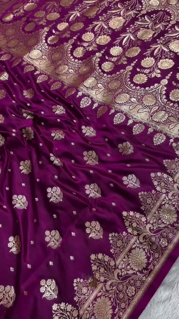 Royal Wine Purple Banarasi Silk Saree with Gold Zari Floral Buti & Heavy Designer Border