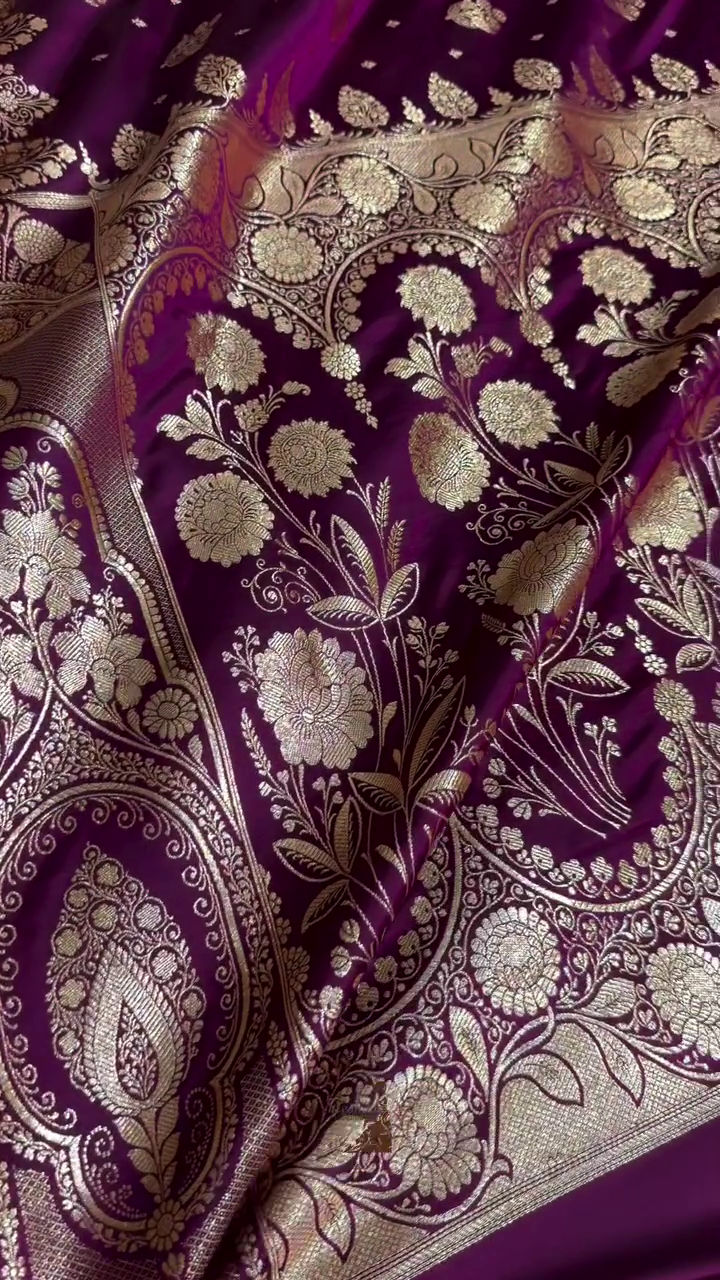 Royal Wine Purple Banarasi Silk Saree with Gold Zari Floral Buti & Heavy Designer Border