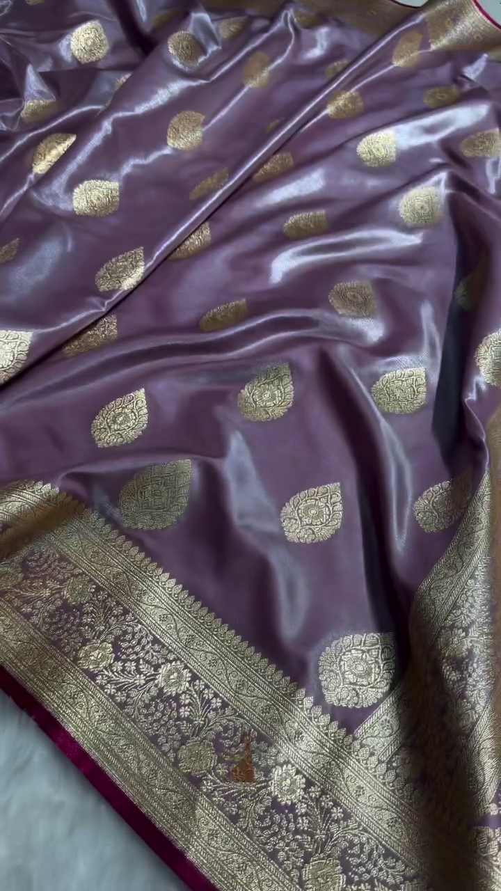 Lavender Purple Banarasi Silk Saree with Gold Zari Paisley Motifs & Elegant Woven Border