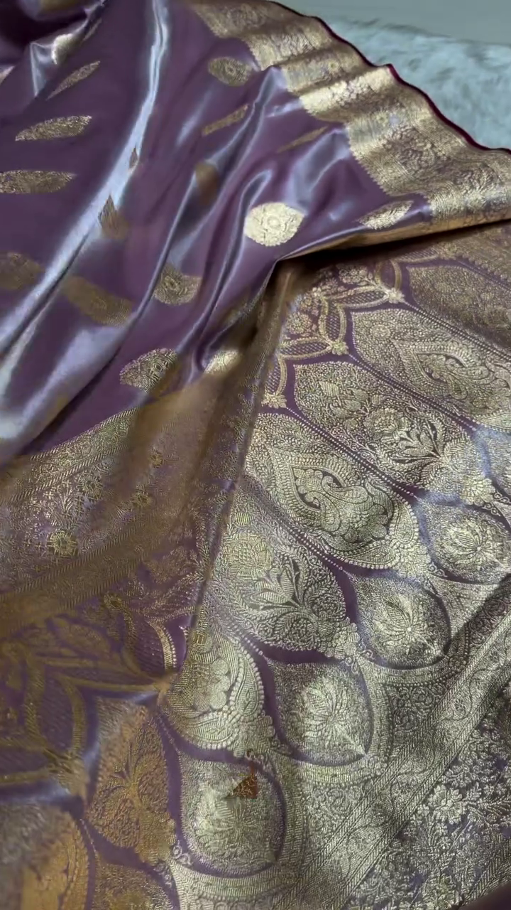 Lavender Purple Banarasi Silk Saree with Gold Zari Paisley Motifs & Elegant Woven Border