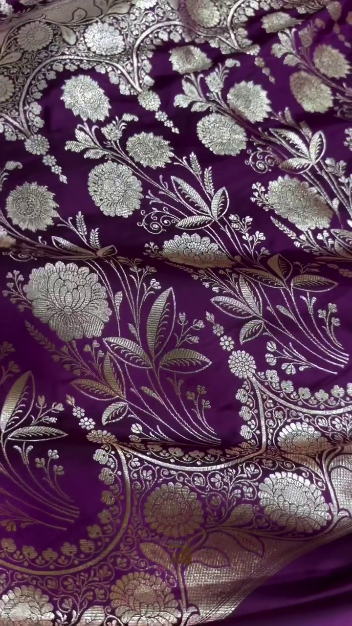 Royal Wine Purple Banarasi Silk Saree with Gold Zari Floral Buti & Heavy Designer Border