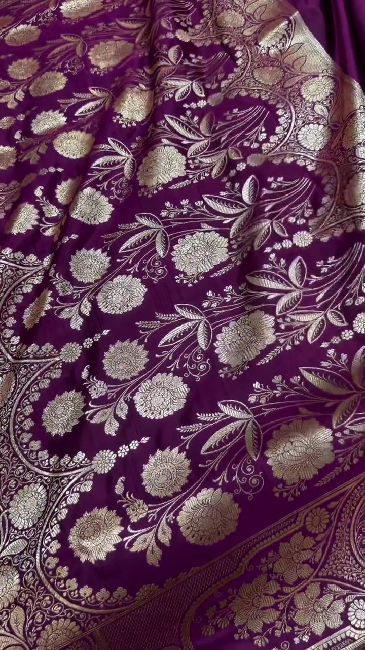 Royal Wine Purple Banarasi Silk Saree with Gold Zari Floral Buti & Heavy Designer Border
