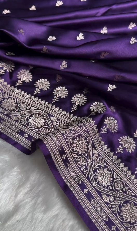 Royal Purple Satin Silk Saree with Elegant Silver Zari Weaving
