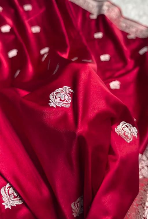 Ruby Red Banarasi Silk Saree with Silver Zari Buttas & Regal Woven Border