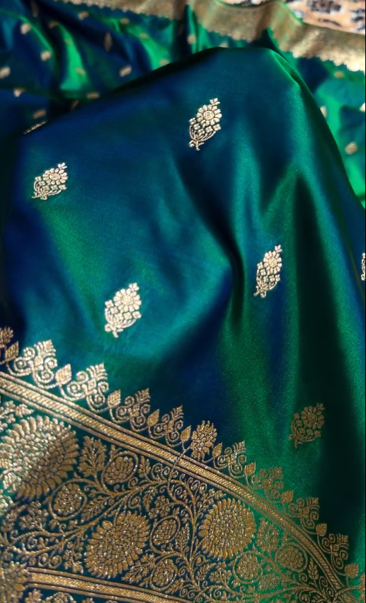 Emerald Green Banarasi Silk Saree with Gold Zari Buti & Traditional Woven Border