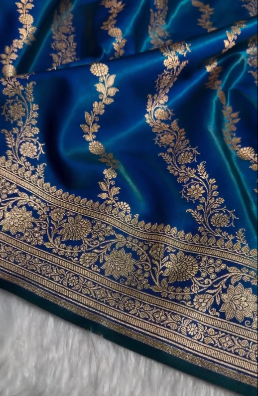 Royal Blue Banarasi Silk Saree with Elegant Golden Zari Floral Weaving