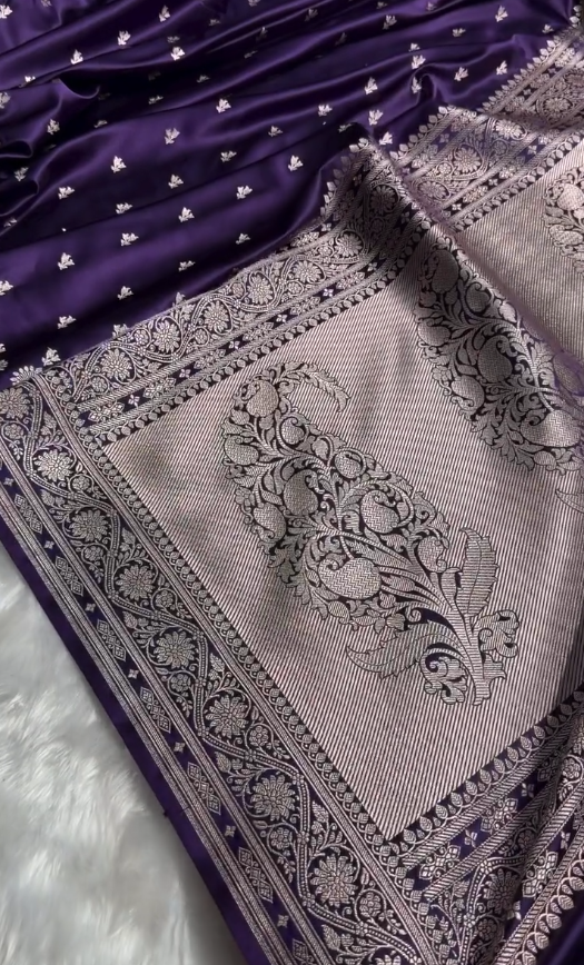 Royal Purple Satin Silk Saree with Elegant Silver Zari Weaving